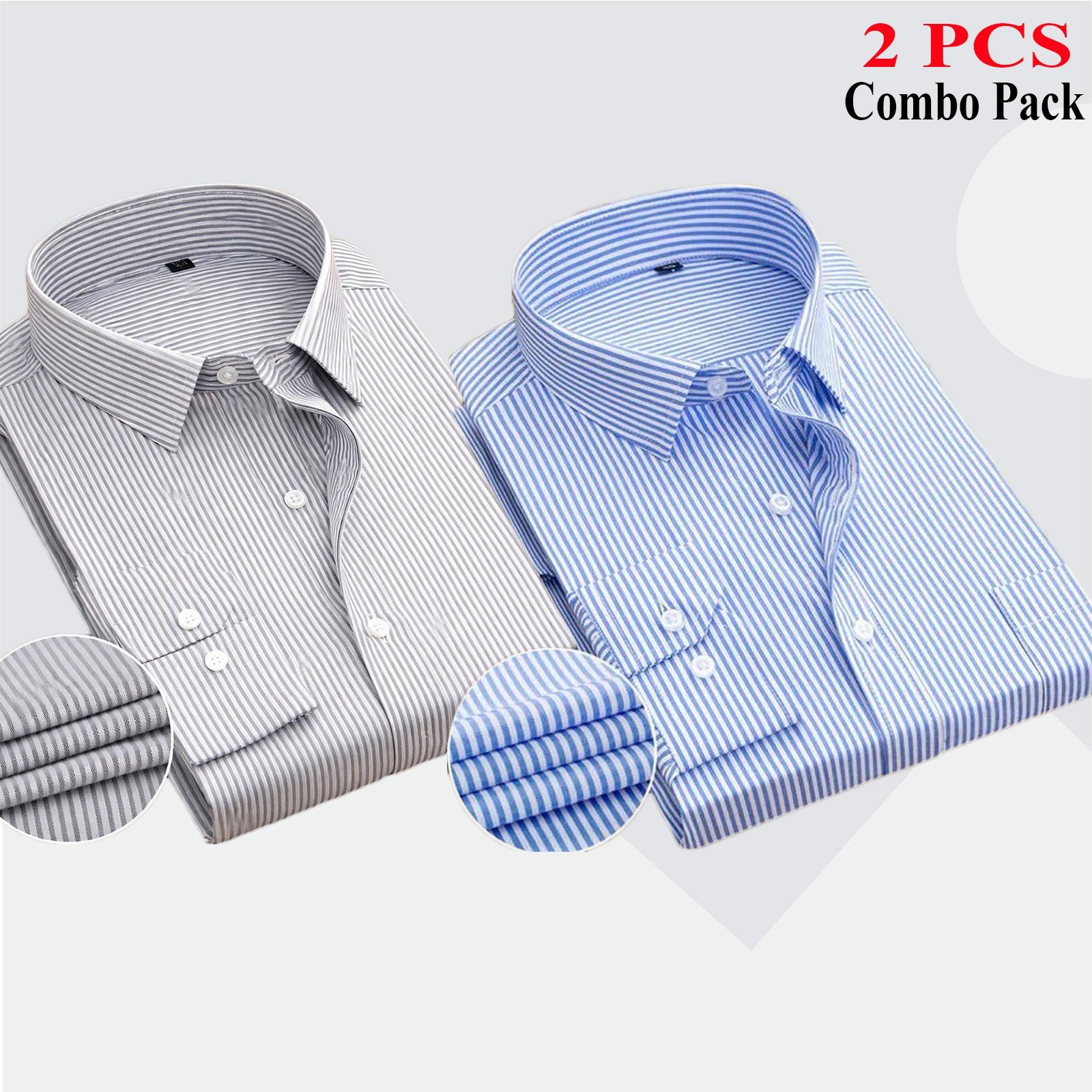 2 Pes Combo Premium Quality Formal Shirt - Sky Blue Stripe & Ash Stripe.
